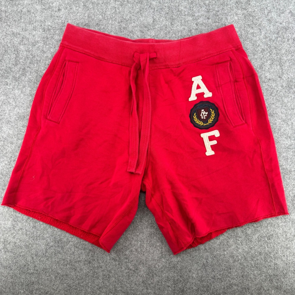 Abercrombie & Fitch Shorts Mens M Sweat Shorts Red Chenille Logo Raw Hem EUC